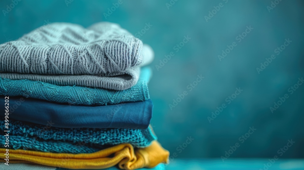 Poster a neatly stacked pile of colorful folded knitted sweaters, showcasing various textures and patterns 