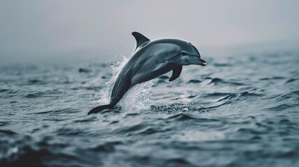 Fototapeta premium A stunning realistic photo of a dolphin leaping out of the ocean, underscoring the importance of marine conservation and the protection of marine wildlife, Minimalism. 
