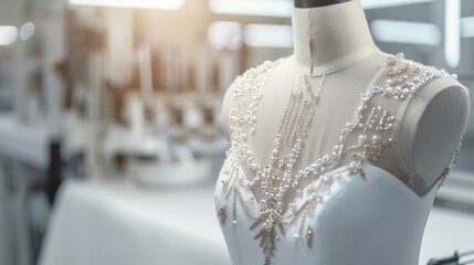 Obraz premium Elegant fashion designer's studio, detailed shot of a dress being stitched, luxurious fabrics and creative atmosphere