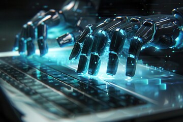 robotic hands hovering over laptop keyboard emitting soft blue light futuristic office setting with holographic displays concept of ai assistance and automation