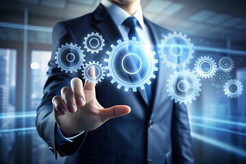 A sleek digital display showcases a rotating gears icon with a subtle reflection, symbolizing streamlined business workflows, automated processes, and efficient digital transformation.