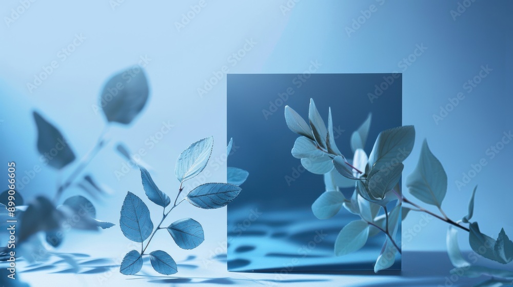 Poster delicate blue leaves arranged around a reflective mirror, creating a serene and minimalist compositi
