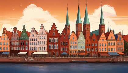Obraz premium vintage Lübeck cityscape and canal