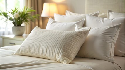 Obraz premium Serene white pillow adorned with subtle texture and gentle creases rests against a soft, creamy duvet in a beautifully lit bedroom.