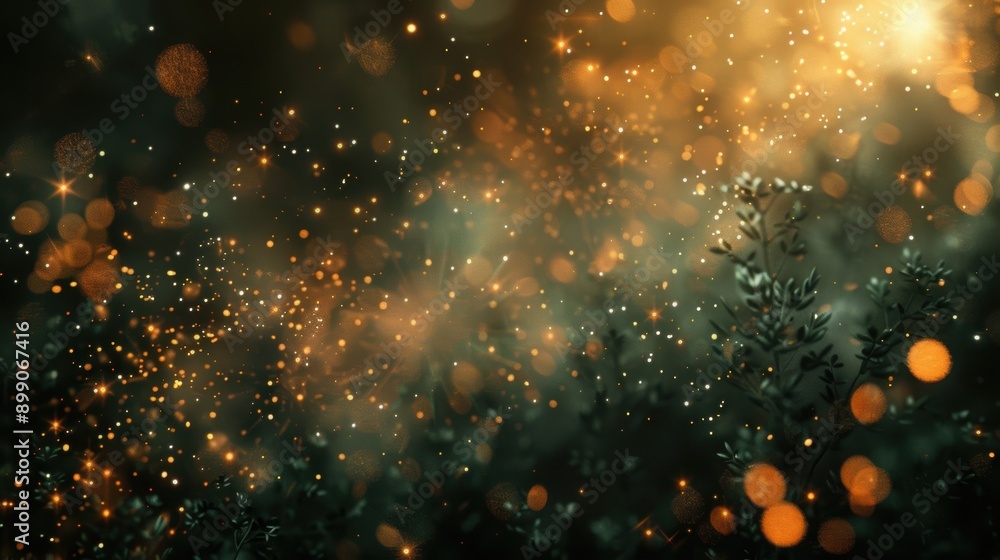 Poster a magical scene of golden bokeh lights sparkling in a dark forest, creating a mystical and enchantin