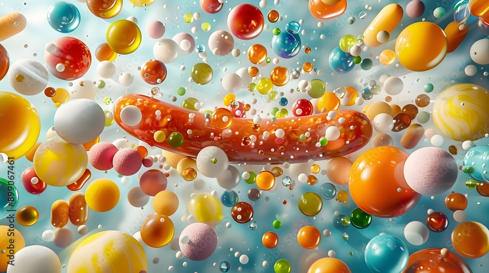 Poster vibrant conceptual composition of multicolored orbs blending with sausage-shaped object
