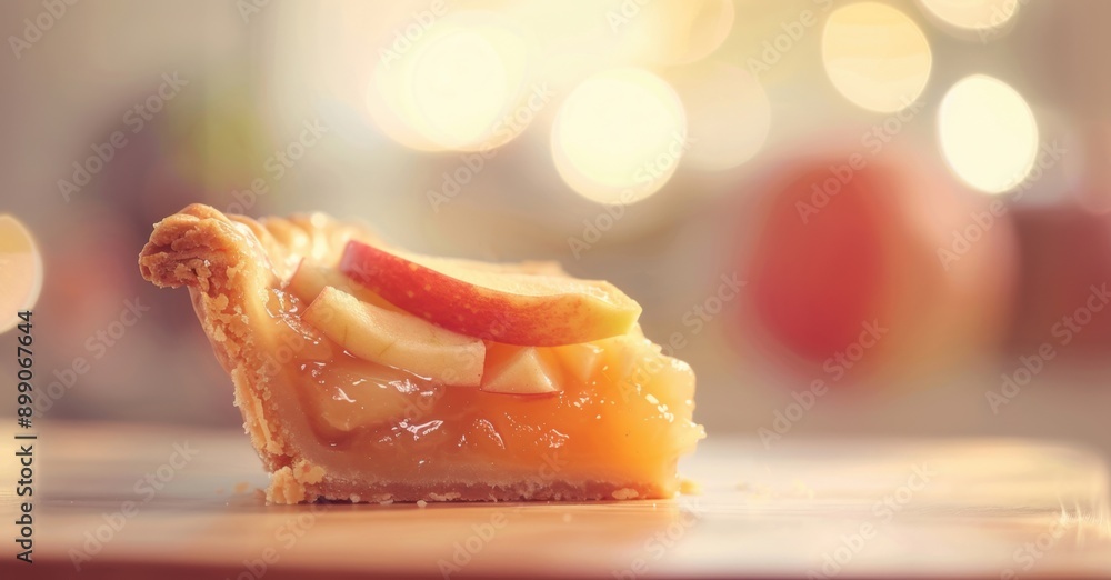 Poster close-up of a fresh slice of apple pie with a golden crust and apple filling, set against a bokeh ba