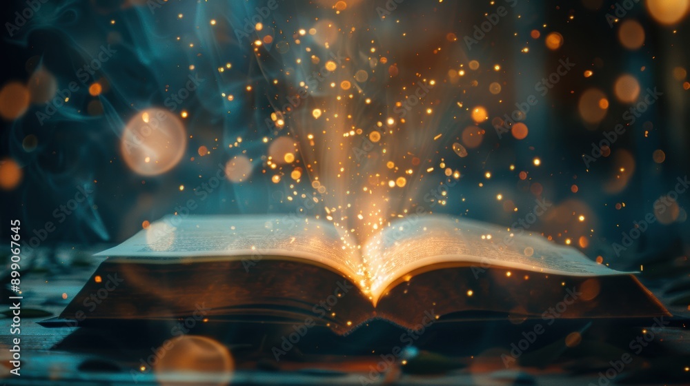 Poster an open book emitting golden sparkling lights and magic, creating a fantastical and enchanting atmos
