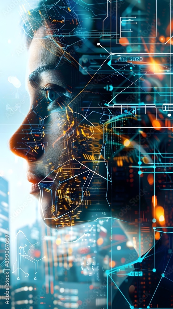 Poster futuristic digital profile interfacing with interconnected cityscape backdrop