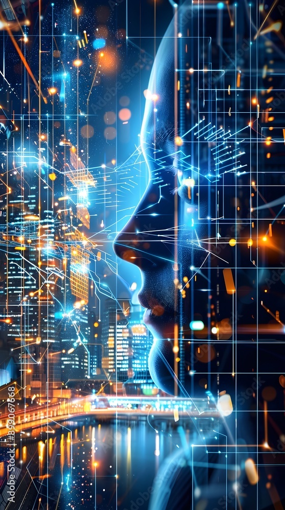 Poster futuristic digital interface with janus profile amid cityscape of interconnected data visualization