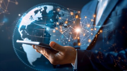 Businessman Holds Digital Tablet with Transak and Visa Partnership,Symbolizing Global Expansion and Opportunities