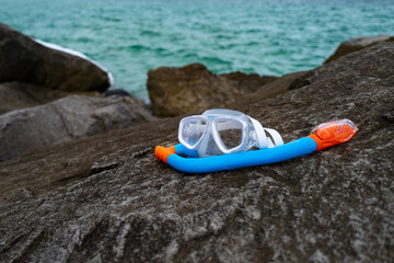 Diving mask. Summer vacation or summer weekend. Diving hobby. Beach vacation. Equipment for...