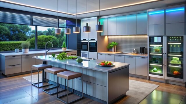 Sleek futuristic kitchen features holographic meal planning, AI-powered cooking assistant, and smart appliances with voice recognition for hands-free control.