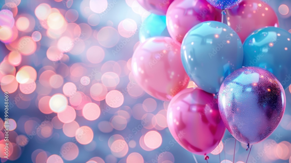 Poster a cluster of colorful balloons against a dreamy bokeh background, creating a festive and joyful atmo