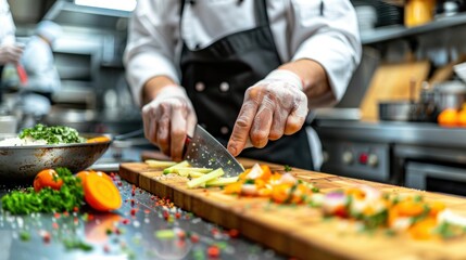 Close-up of a chef's hands preparing ingredients on a cutting board in a busy kitchen, showcasing skill and precision.