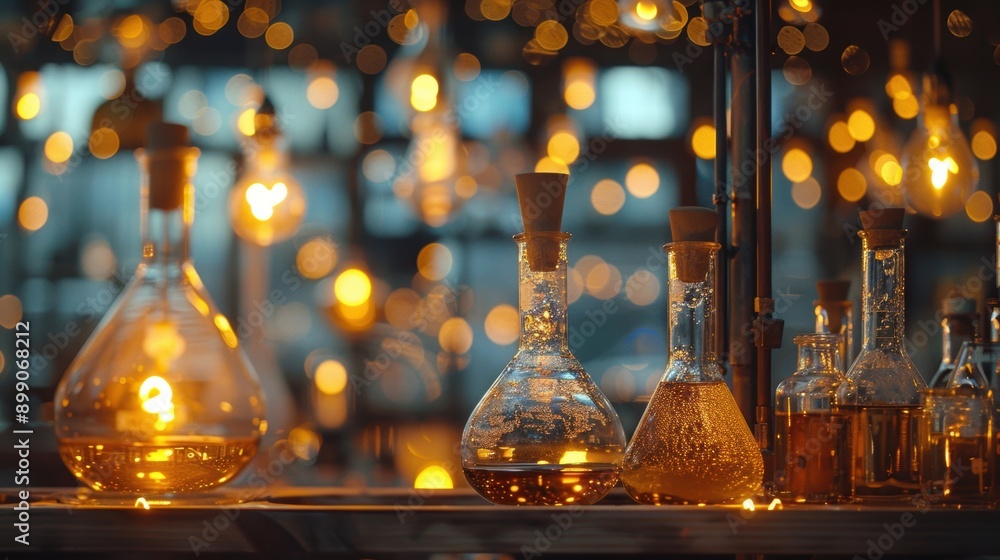 Poster illuminated chemistry lab beakers with bubbling liquids and bokeh lights, creating a magical and sci