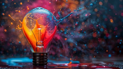 Explosion of Colorful Paint from Light Bulb: Red, Blue, Yellow, and Green Splashes Create Intricate Patterns on a Dramatic Black Background with High-Speed Photography