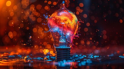 Creative Light Bulb Explodes into Colorful Paint Splashes: Red, Blue, Yellow, and Green Against a Dramatic Black Background with Dynamic, Energetic Patterns and Glowing Fragments