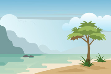 Foggy nature landscape illustration with beach, trees, and mountains
