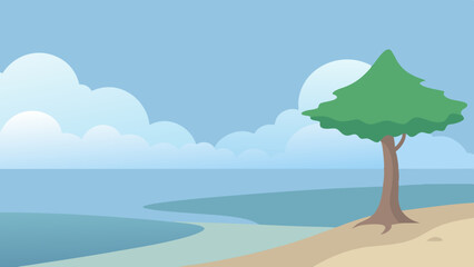 Foggy nature landscape illustration with beach, trees, and mountains