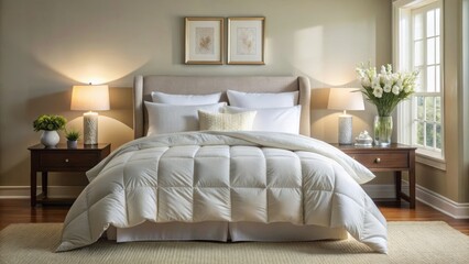Serene and inviting, a plush white comforter drapes over a bed, adorned with a single white pillow, against a soft, creamy background for relaxation.