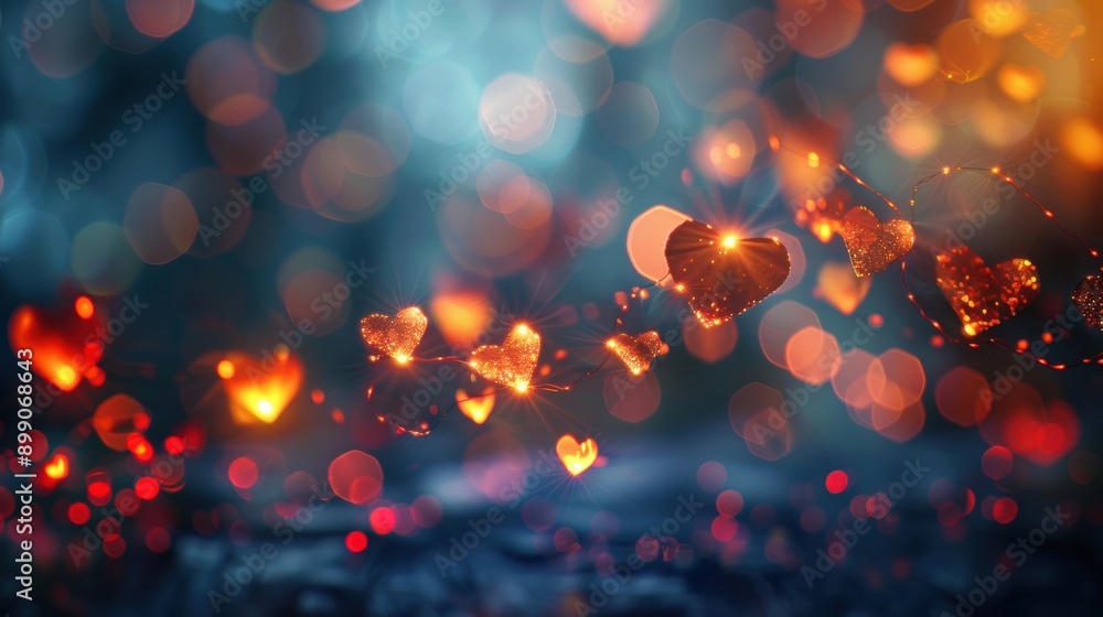 Poster glittering heart-shaped lights with a dreamy bokeh background, creating a romantic and magical atmos