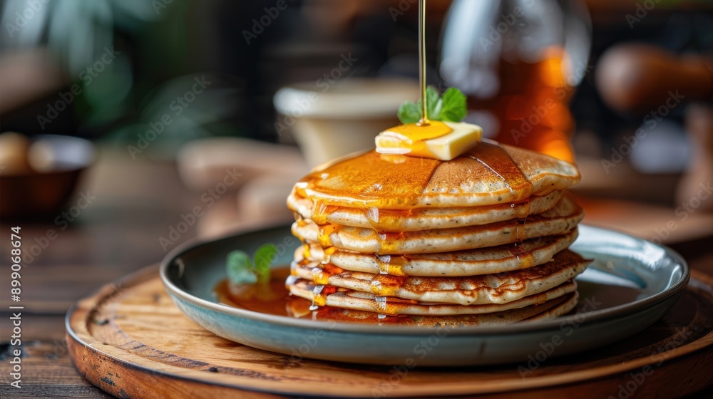 Poster a stack of freshly made pancakes topped with syrup and butter, served on a plate, creating a delicio
