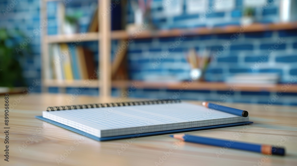 Poster an empty notebook and pencil placed on a wooden desk in a study room, ready for note-taking or sketc