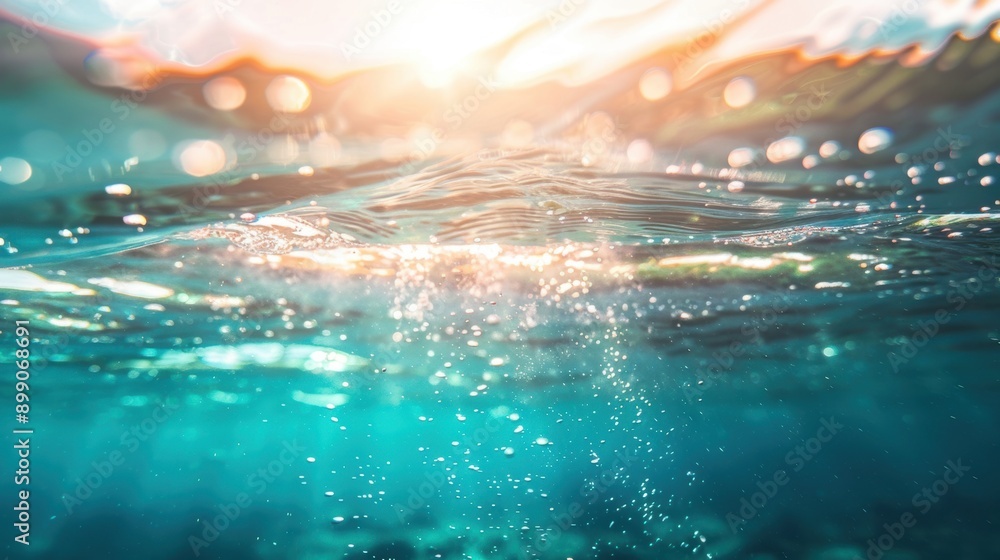 Poster underwater view with sunlight filtering through the water surface, creating a beautiful, shimmering 