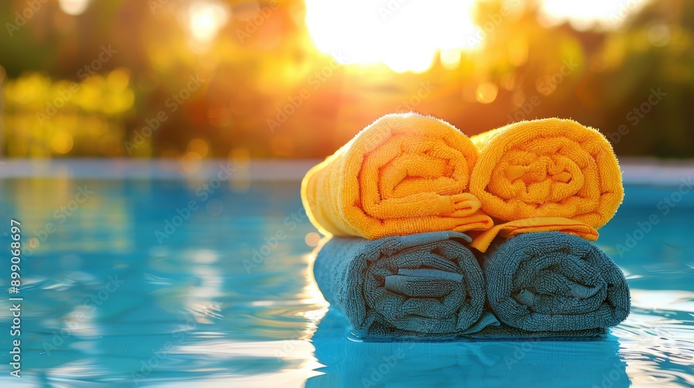Poster brightly colored towels rolled up and placed by the poolside, illuminated by the warm sunset, creati