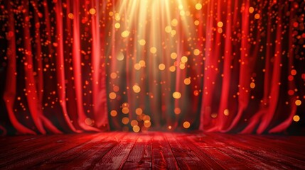 A theatrical stage with red curtains and golden lights, creating a dramatic and elegant ambiance for performances.
