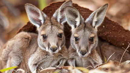 Fototapeta premium Two cute baby kangaroos peeking out of their mother's pouch.