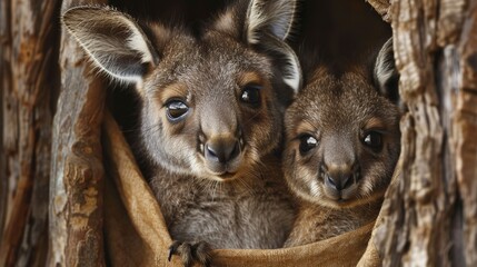 Fototapeta premium Two cute baby kangaroos peeking out of their mother's pouch.