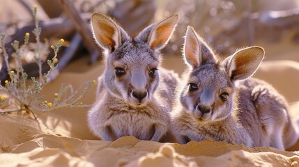 Fototapeta premium endearing sight of baby kangaroos snuggling on a desert sand-inspired background, their tiny ears and gentle hops captured in breathtaking 8k full ultra HD 