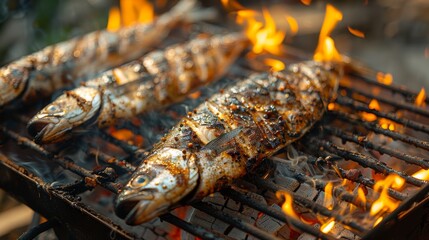 Three delicious fish grilling on a barbecue with flames during a festive summer evening