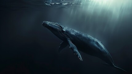 Fototapeta premium A blue whale swims alone in the deep ocean 