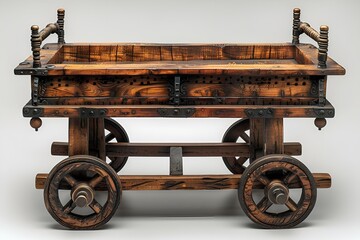 A wooden cart with wheels and handles.