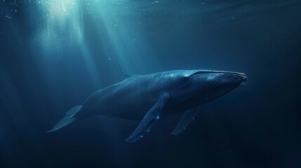 A blue whale swims alone in the deep ocean