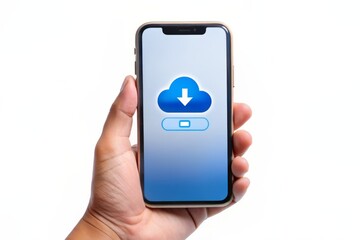 A sleek modern smartphone displays a cloud storage app, downloading files, with a progress bar and a notification prompt, on a clean white background.