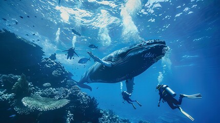 Fototapeta premium a group of scuba diving student in tropical ocean coral reef sea under water with big whale 