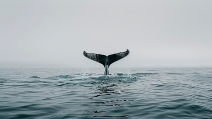 Fototapeta premium A whale's tail fin emerging from the water, captured mid-dive. The tail is framed against the vast, rippling expanse of the ocean 