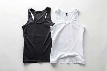 Empty white background featuring two blank black and white tank tops lying folded side by side waiting for custom design or text overlay addition.