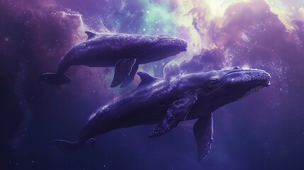 Fototapeta premium witness ethereal cosmic whales swimming 
