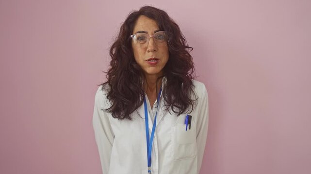 Hispanic middle aged woman scientist puffing up cheeks over inflated mouth in funny expression, wearing uniform isolated on pink background