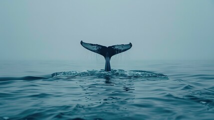 Fototapeta premium A whale's tail fin emerging from the water, captured mid-dive. The tail is framed against the vast, rippling expanse of the ocean 