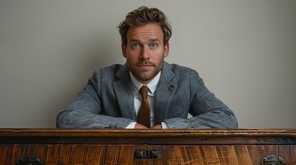 Fototapeta premium Businessman in formal attire seated on a chest.