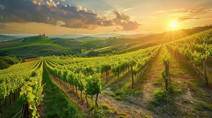 Naklejka premium Sunset Over a Hilltop Vineyard: A Serene Outdoor Nature Experience