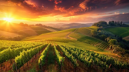 Naklejka premium A Scenic Vineyard on a Hill at Sunset: Capturing the Essence of Nature Outdoors