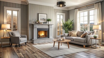 Fototapeta premium Cozy living room with refurbished fireplace, grey wooden flooring, cream walls, and modern furniture in warm inviting atmosphere.