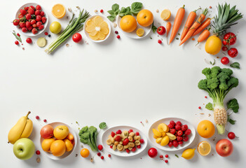 Concept art with copy space banner, fruit and vegetable, simple white background